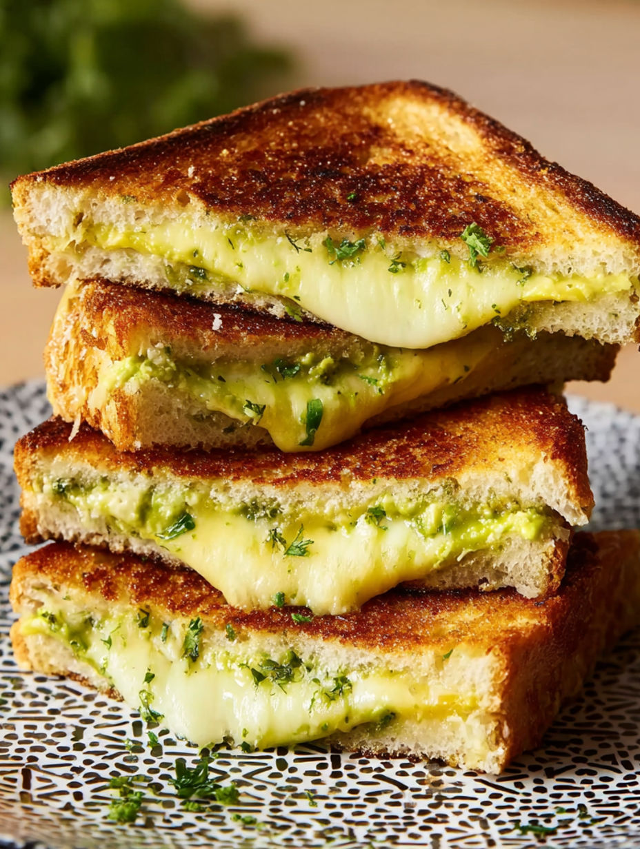 A stack of grilled cheese sandwiches with avocado.