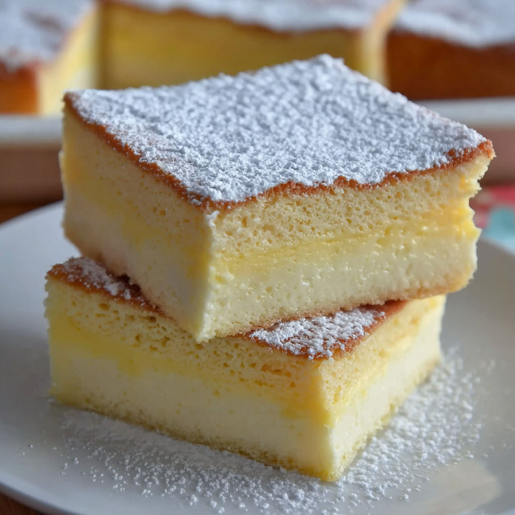 A slice of custard cake with powdered sugar on top.
