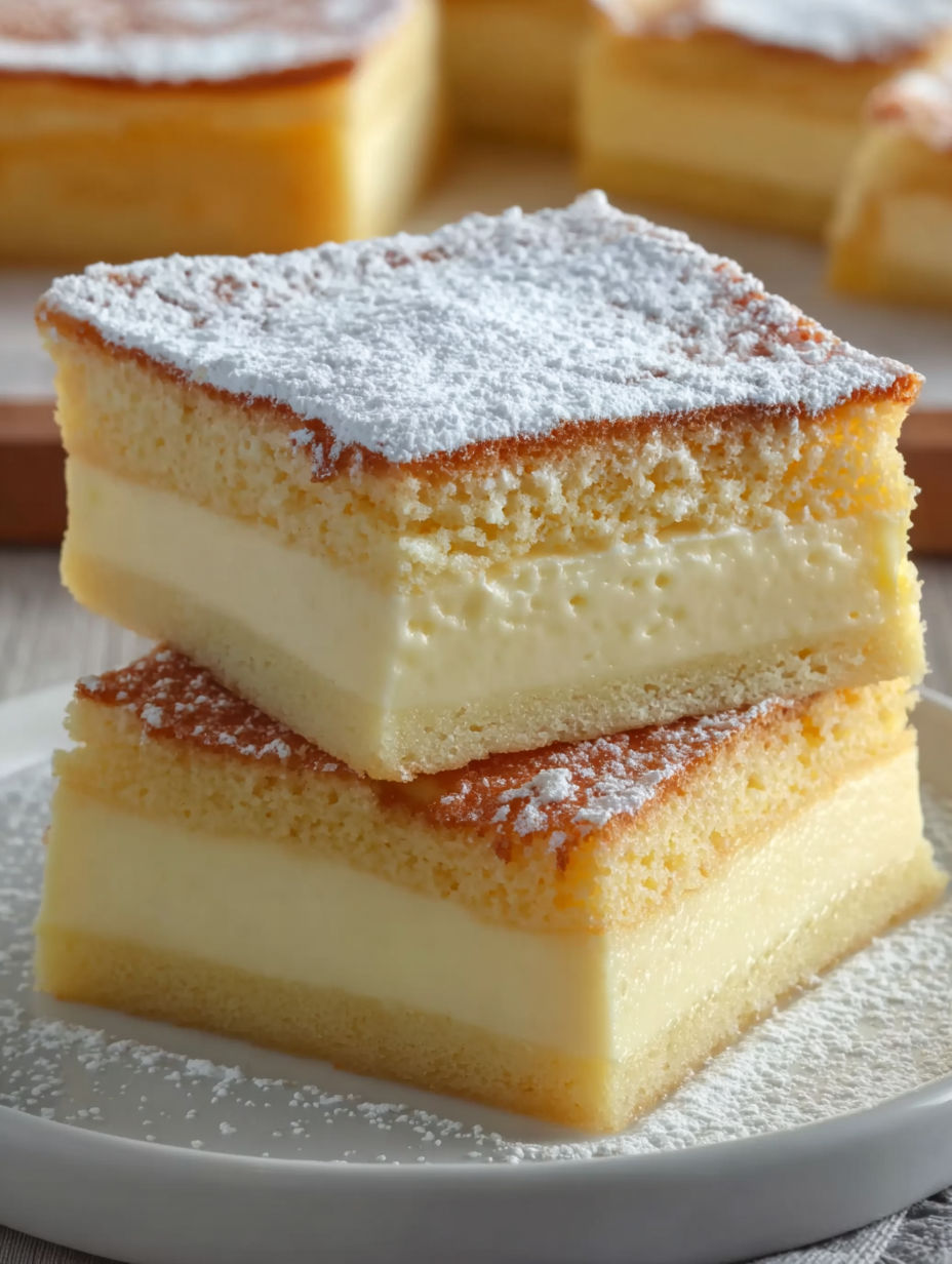 A slice of custard cake with powdered sugar on top.