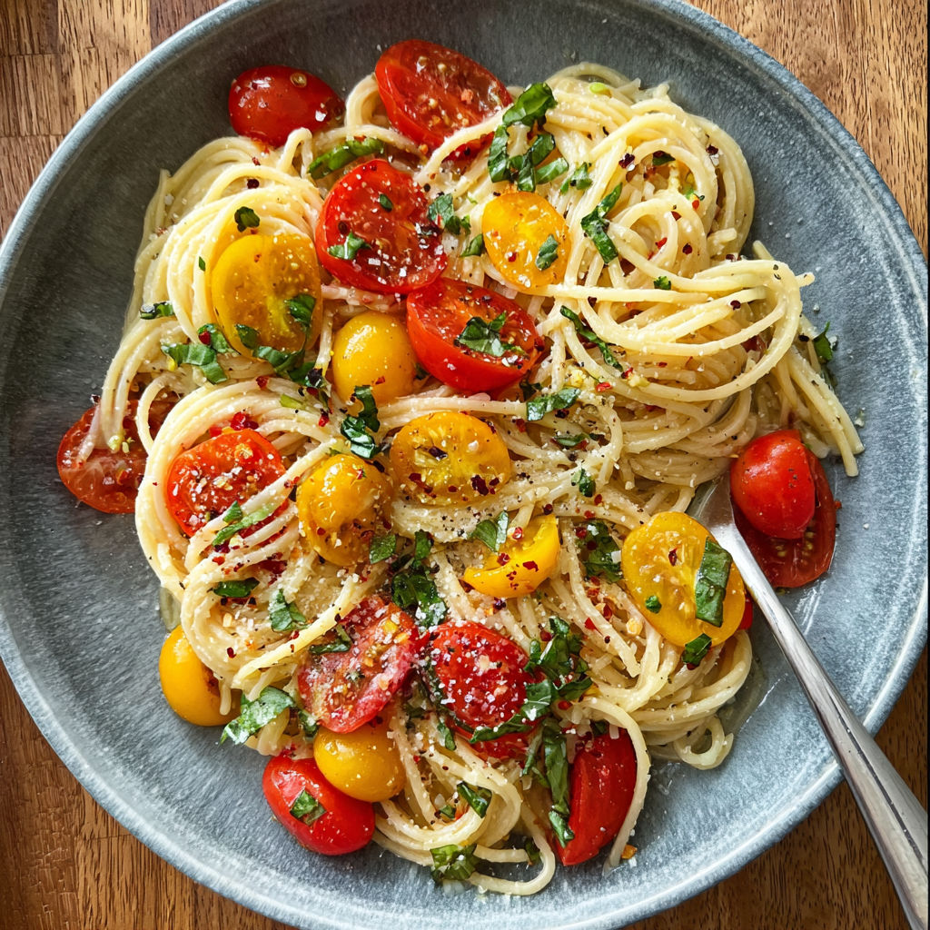 A bowl of pasta with tomatoes and basil.