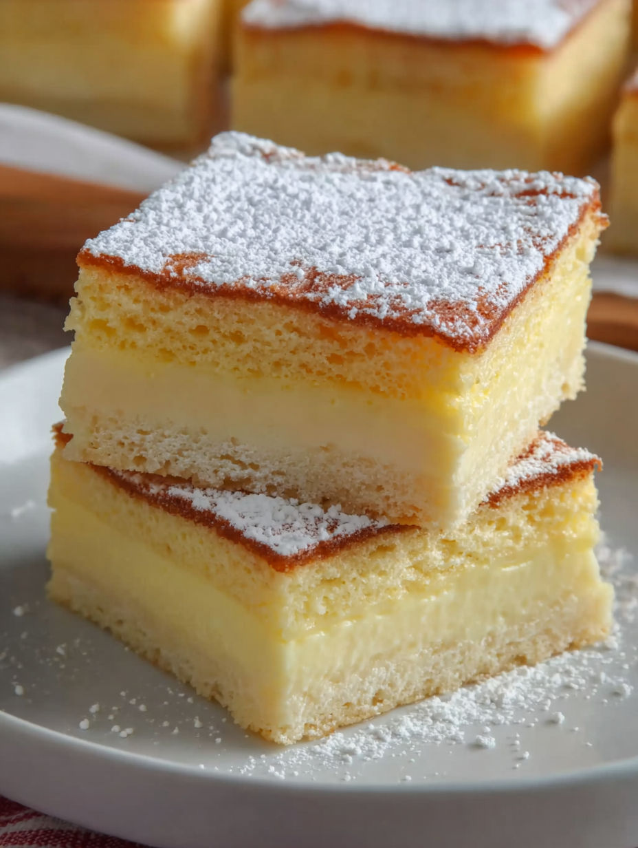 A stack of three slices of Magic Custard Cake.