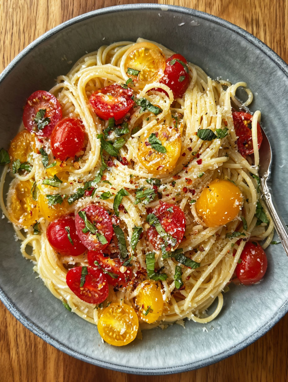 A bowl of pasta with tomatoes and basil.