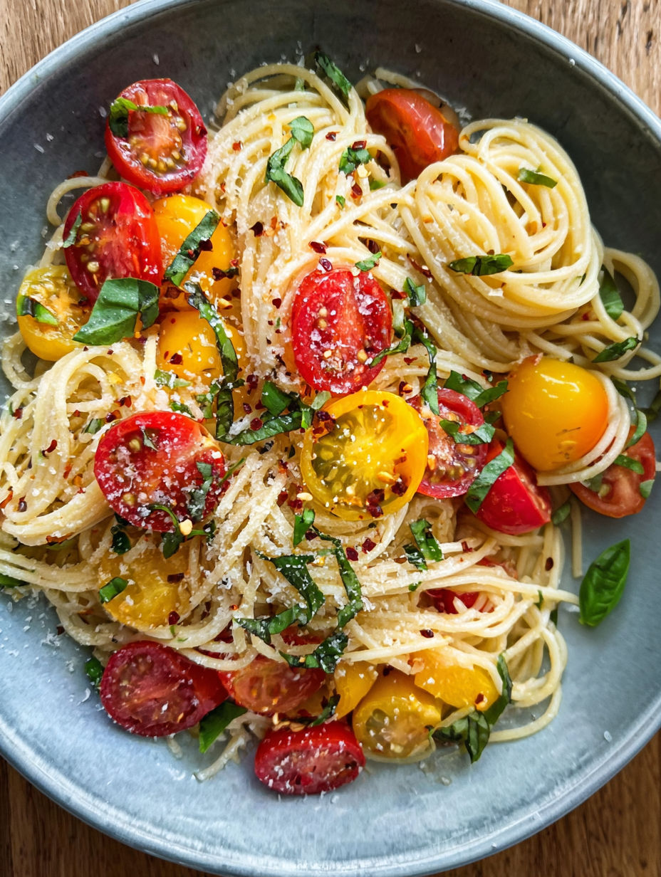 A bowl of pasta with tomatoes and basil.