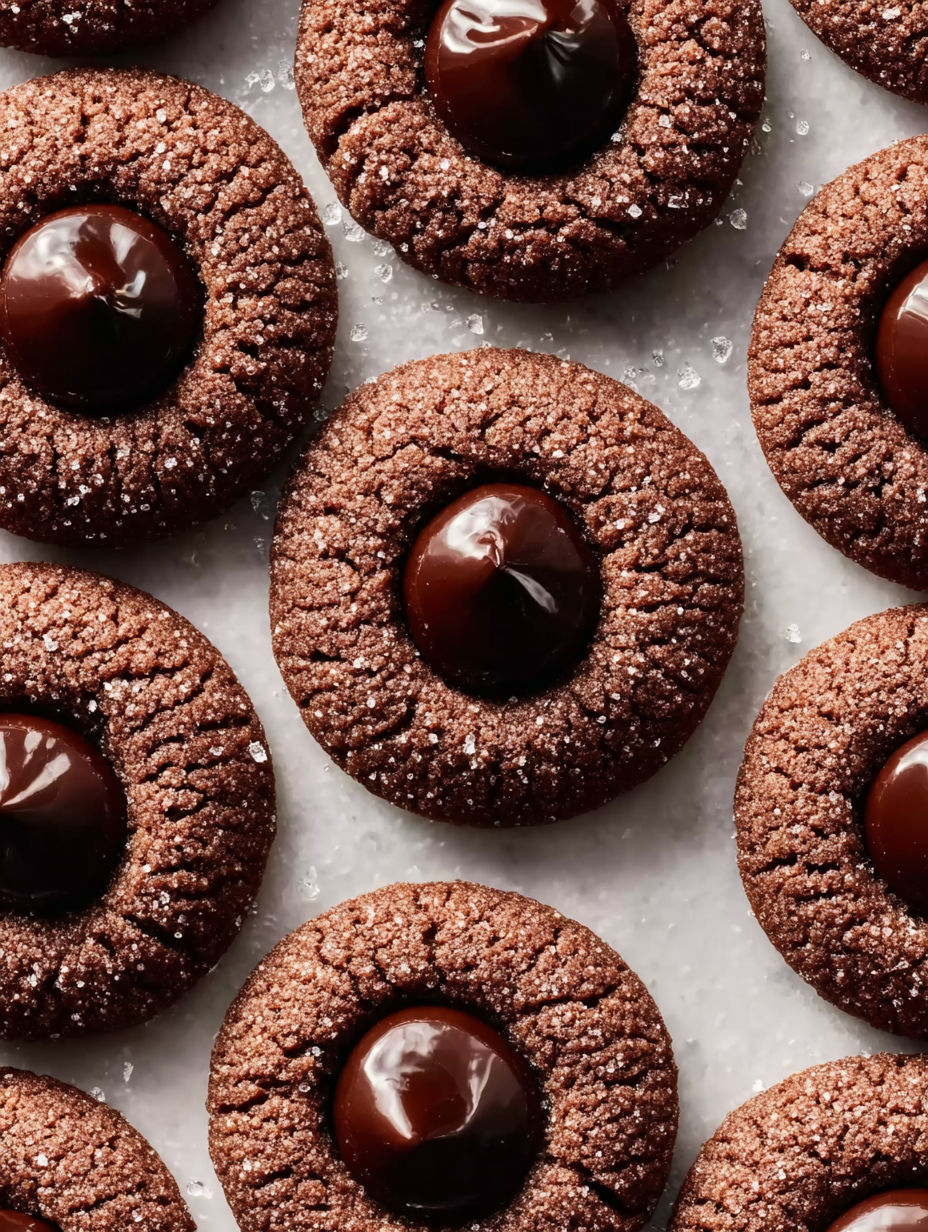 A close up of a chocolate thumbprint cookie.