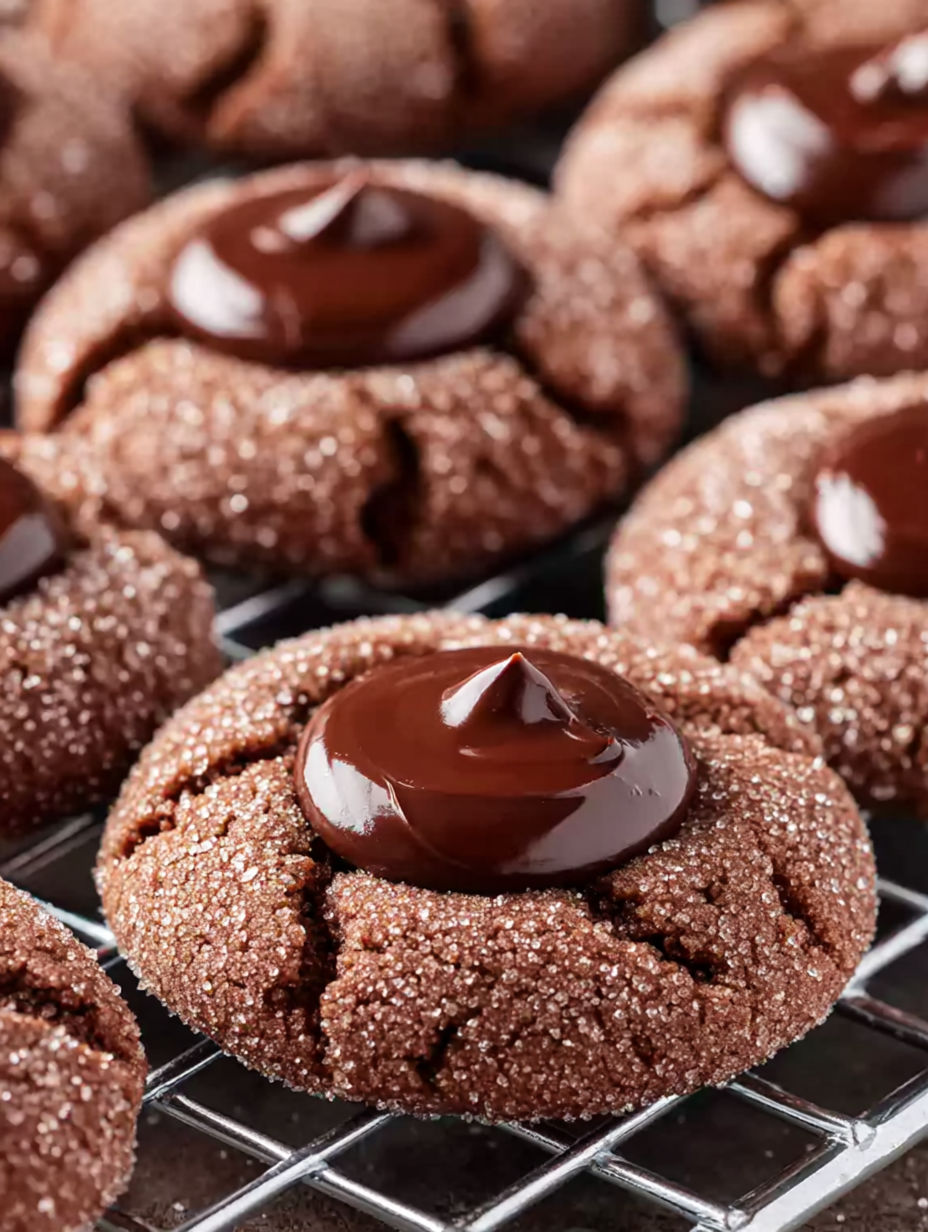 A close up of a chocolate thumbprint cookie.
