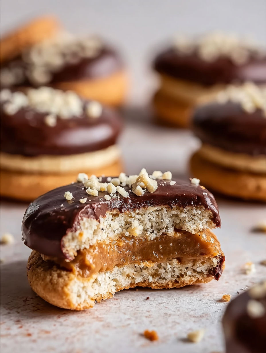A chocolate covered peanut butter and nuts sandwich.
