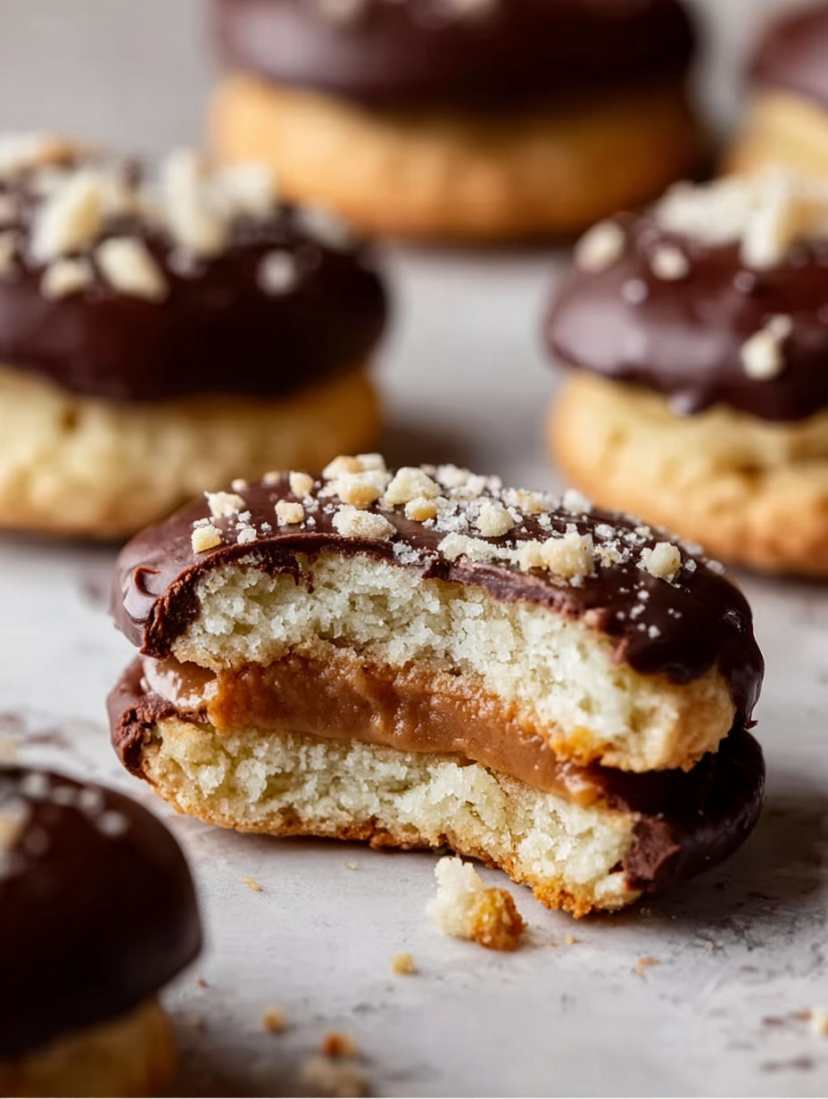 A chocolate covered cookie with peanut butter and nuts.