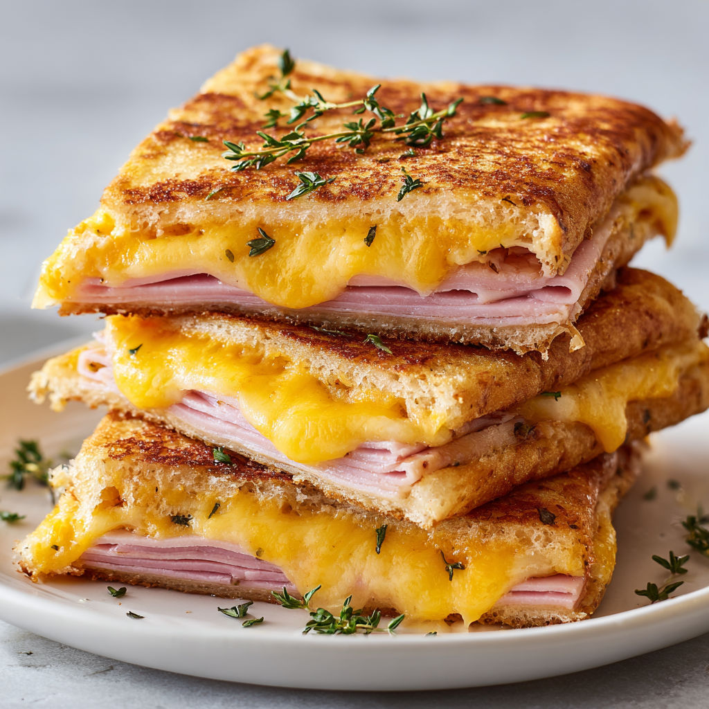 A stack of sandwiches with cheese and ham.