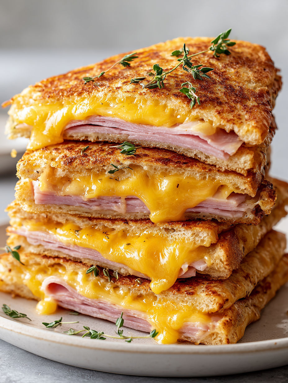 A stack of sandwiches with cheese and ham.