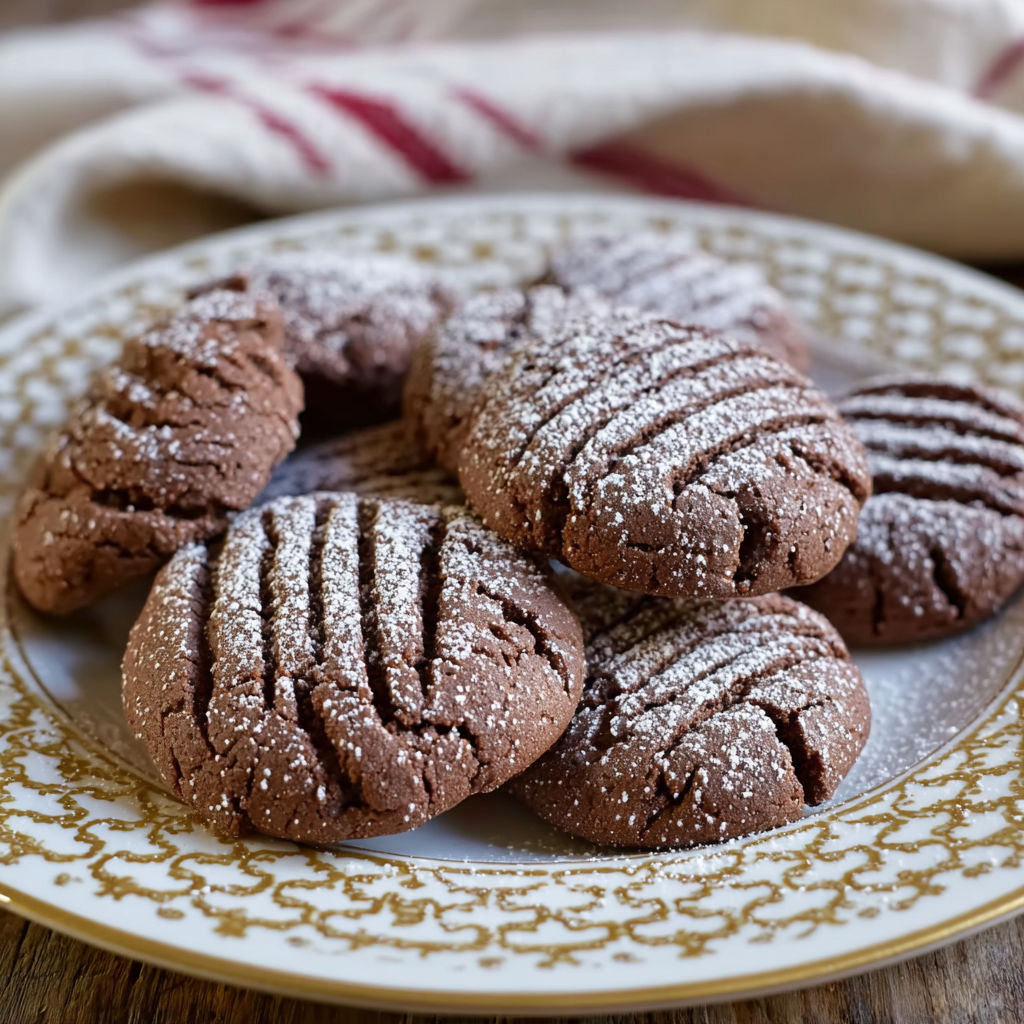 A plate of cookies with white powder on them.
