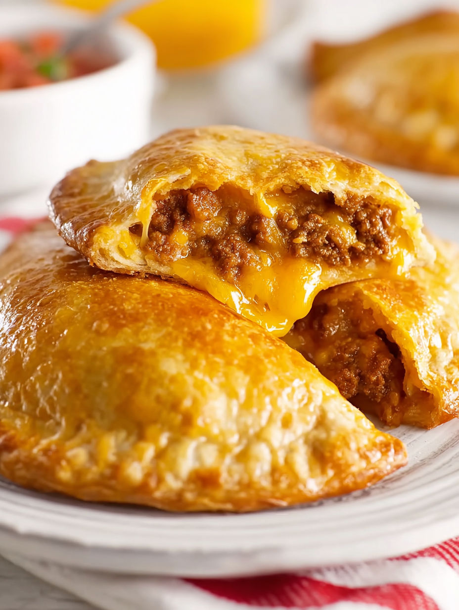 Two taco calzones with cheese and meat.