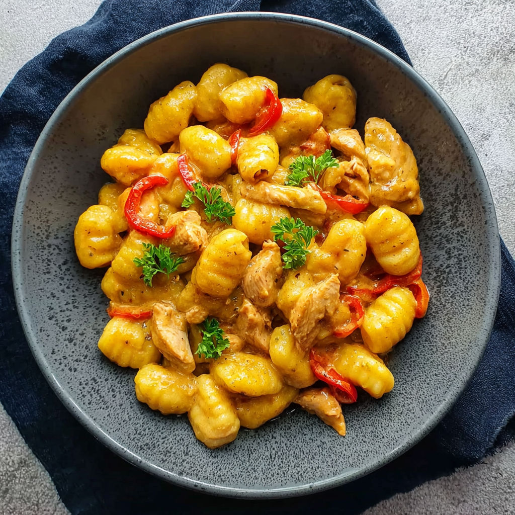 A bowl of pasta with meat and vegetables.