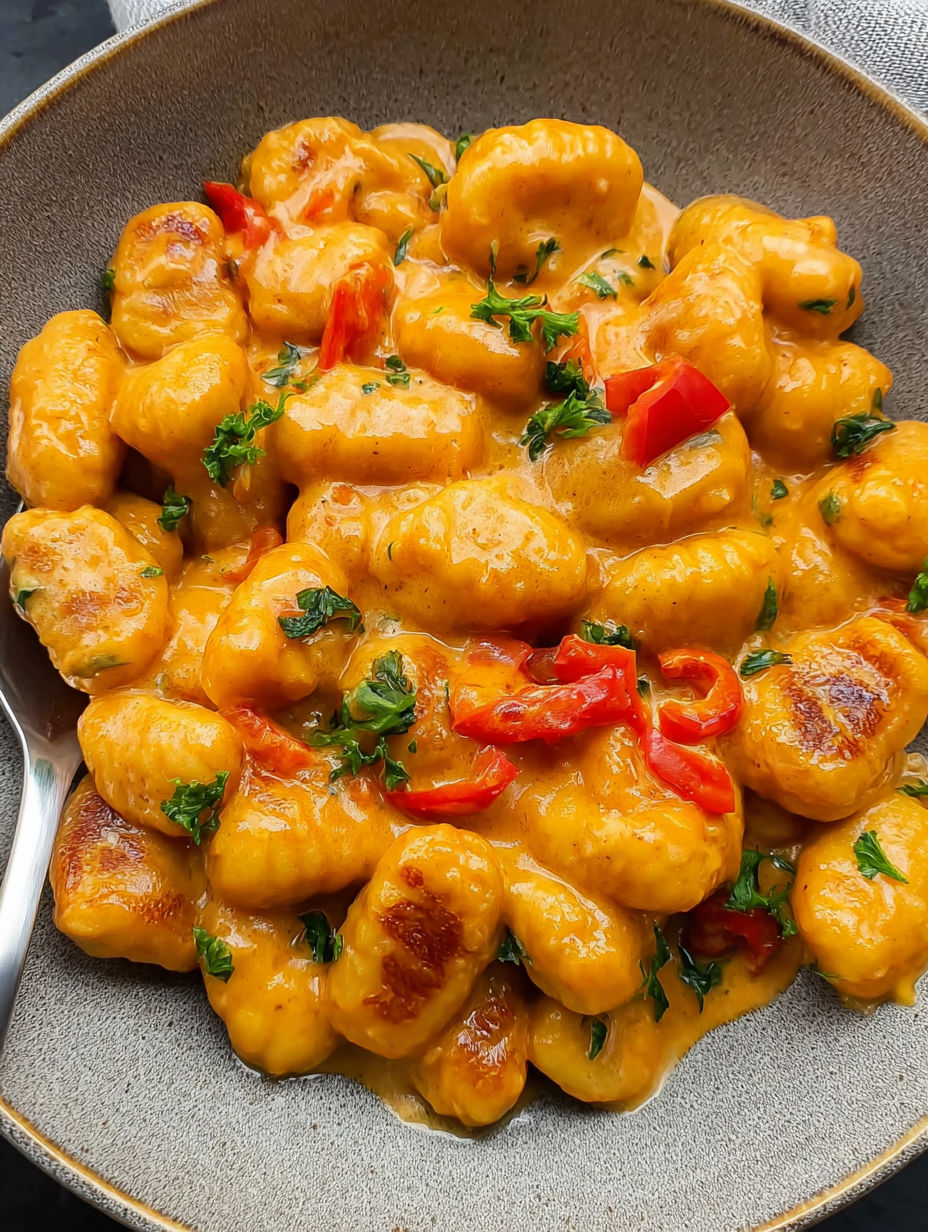 A plate of food with gnocchi and paprika sauce.