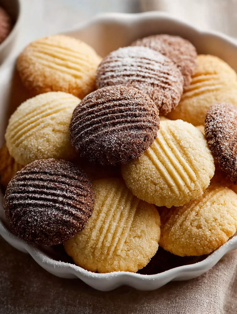 A bowl of cookies with chocolate and sugar on top.
