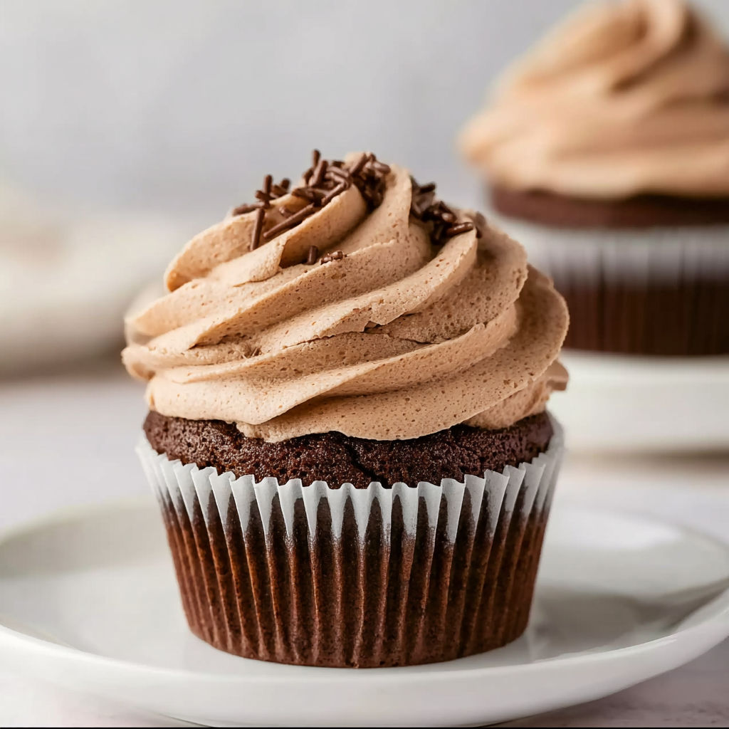 Two cupcakes with chocolate frosting and chocolate sprinkles.