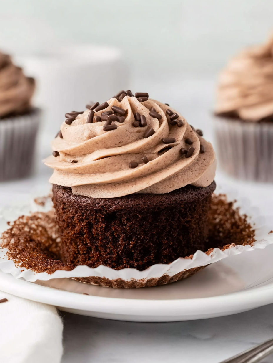A cupcake with chocolate frosting and chocolate sprinkles.
