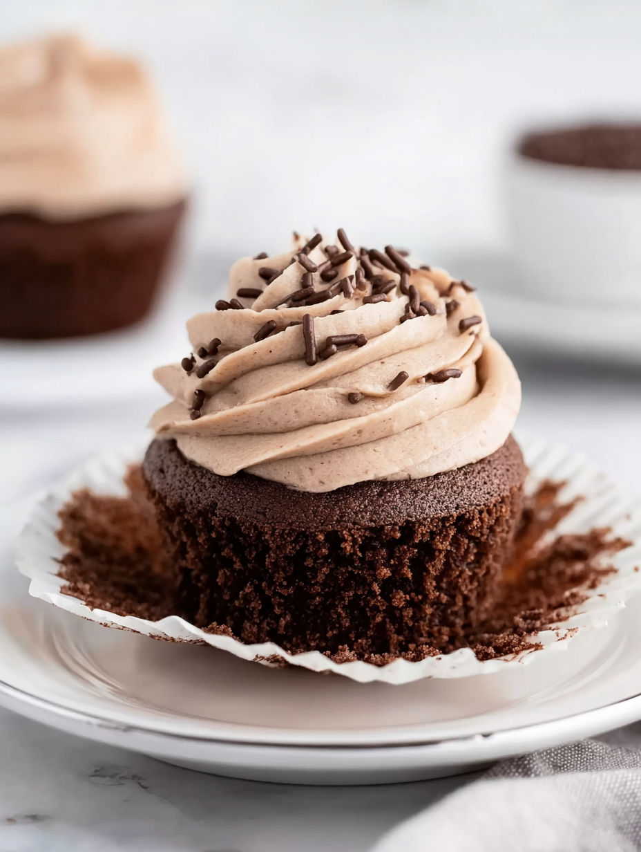A chocolate cupcake with white frosting and chocolate sprinkles.