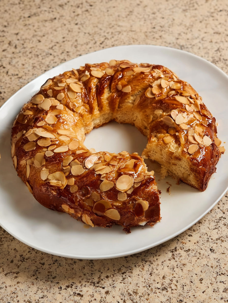 A slice of Mandel-Kringle on a white plate.