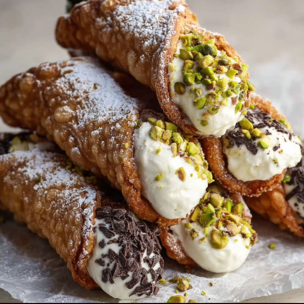 A stack of cannoli with white and green toppings.