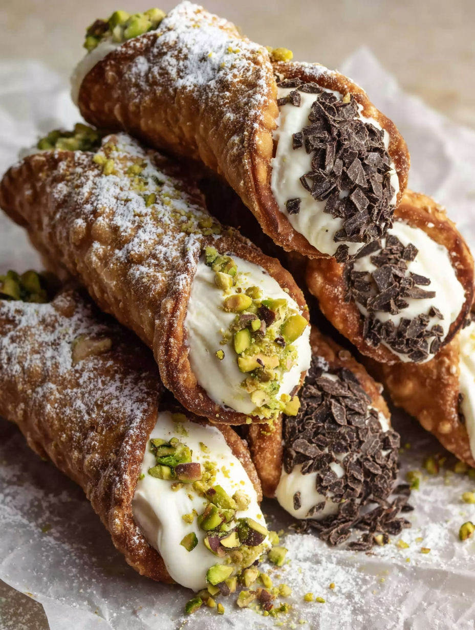 A stack of cannoli with white and brown toppings.
