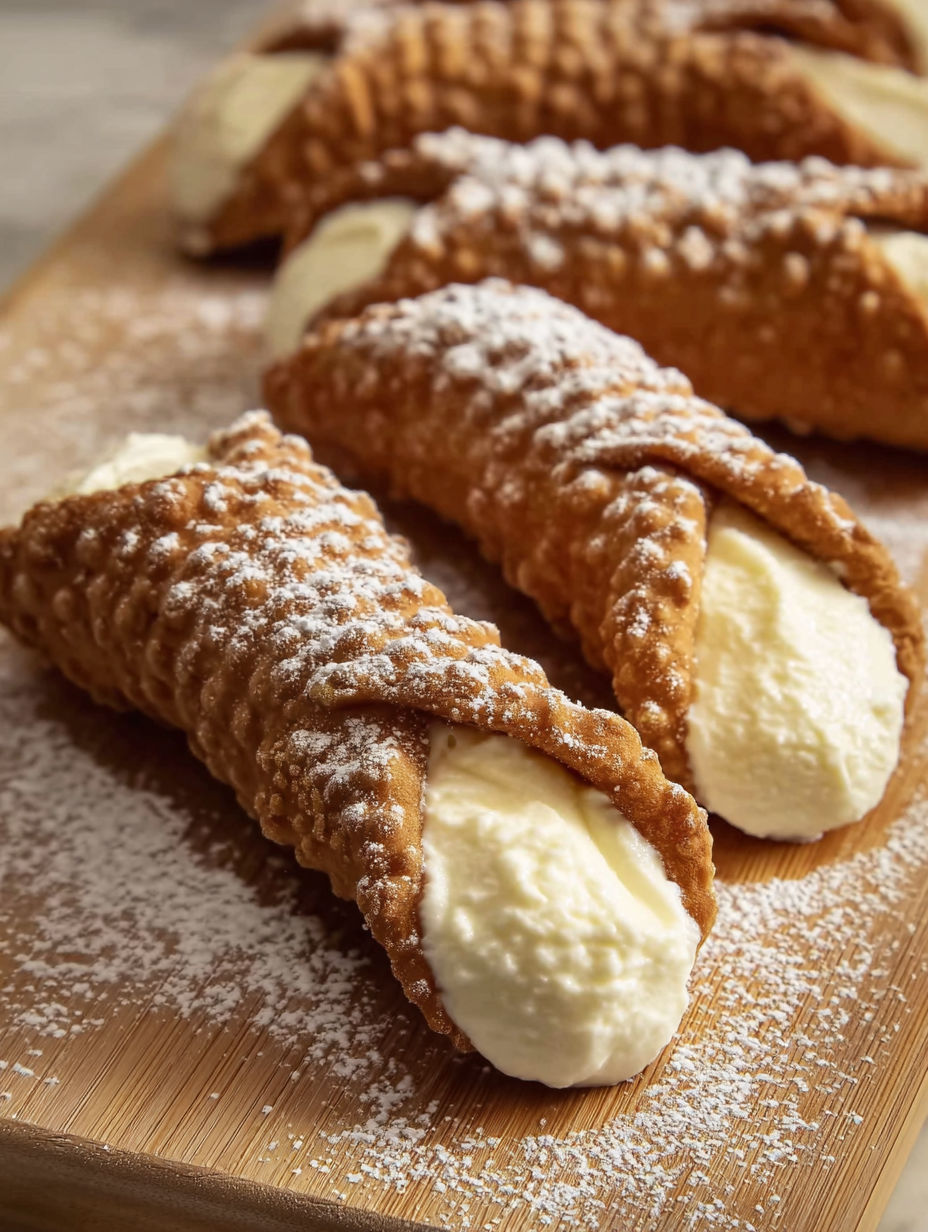 A plate of cannoli with white powdered sugar.