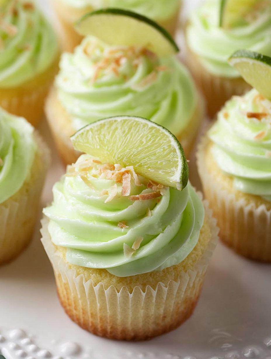 Cupcakes with lime buttercream and coconut topping.