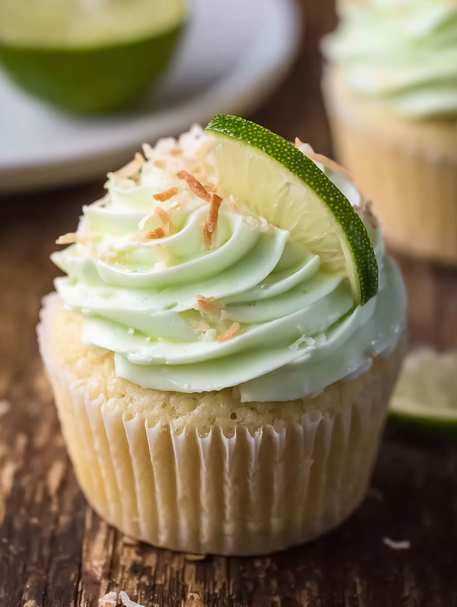 A cupcake with a slice of lime on top.