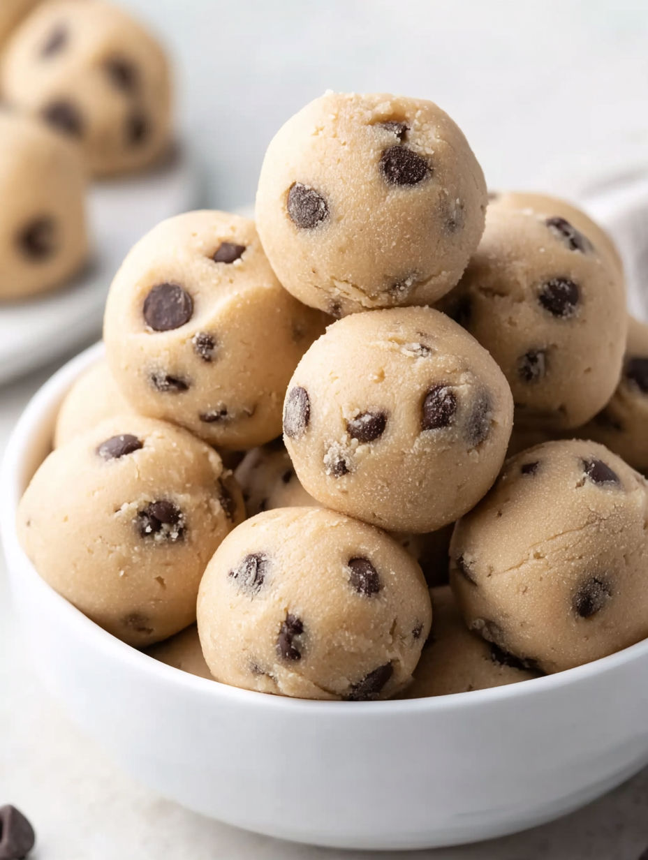 A bowl of chocolate chip cookie dough bites.