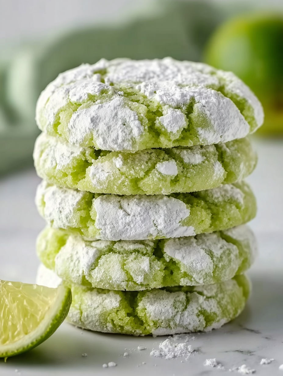A stack of green lime crinkle cookies.