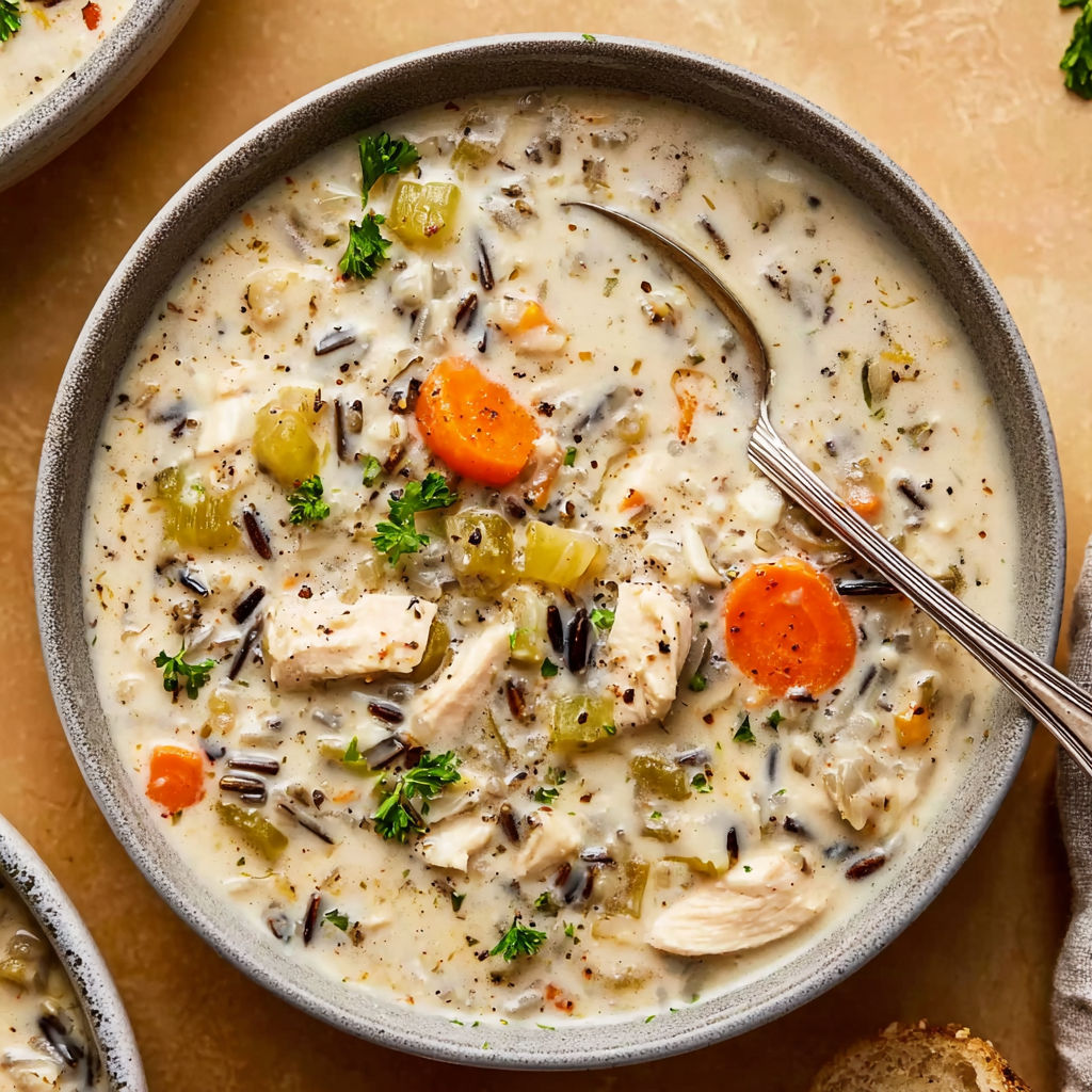 A bowl of soup with chicken and vegetables.