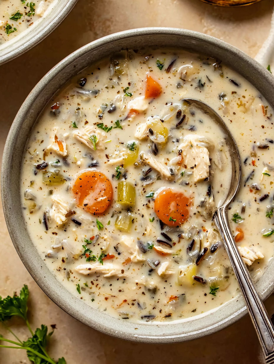 A bowl of soup with chicken, carrots, and other vegetables.