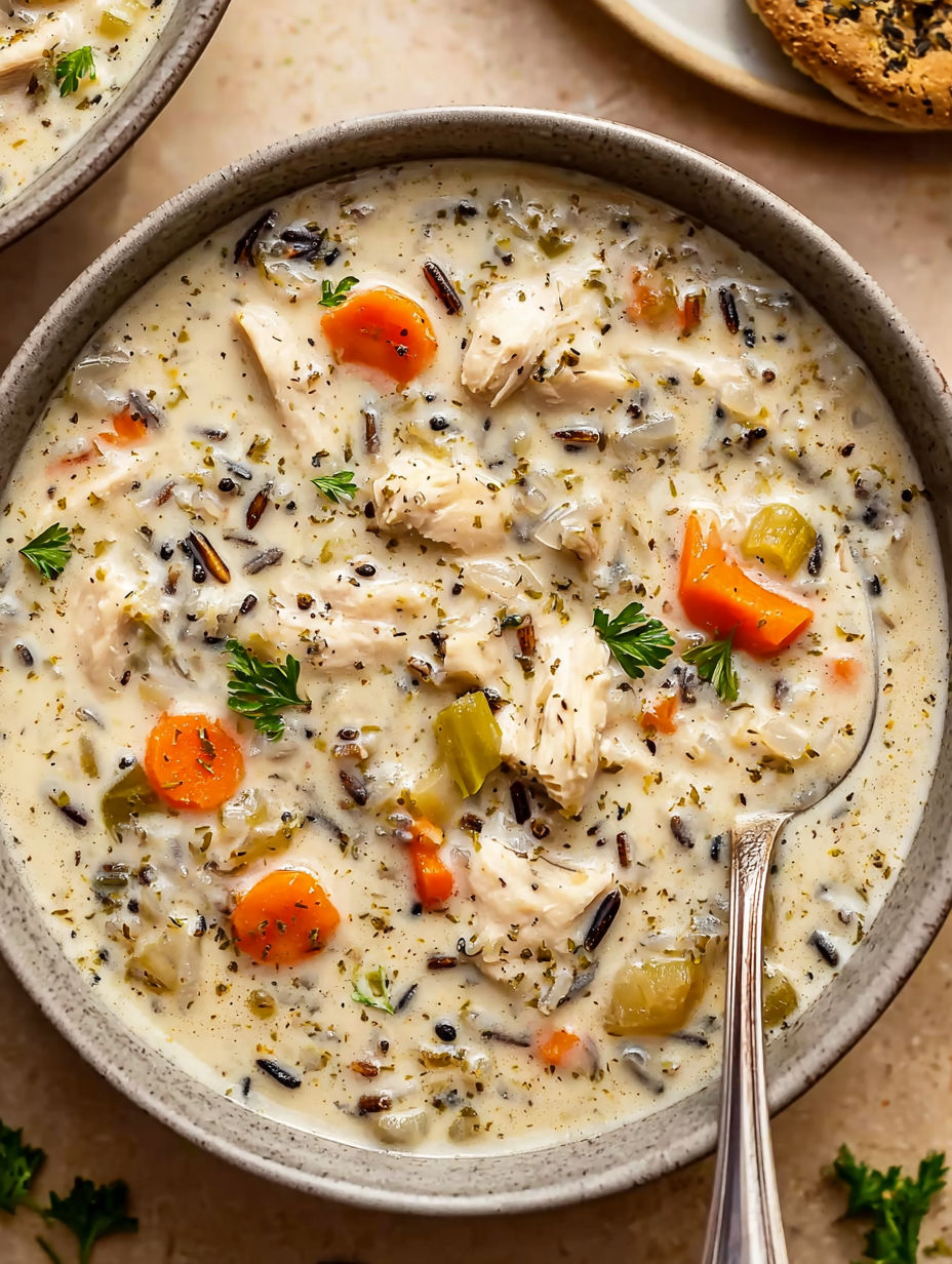 A bowl of soup with chicken and carrots.