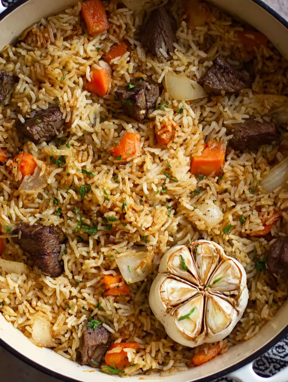 A bowl of rice with meat and vegetables.