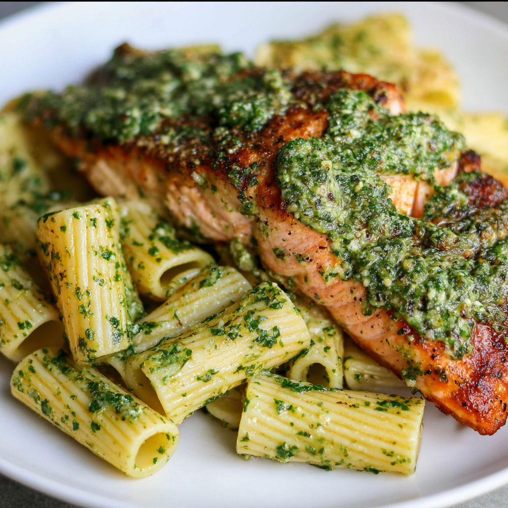 A plate of food with a piece of meat and pasta.