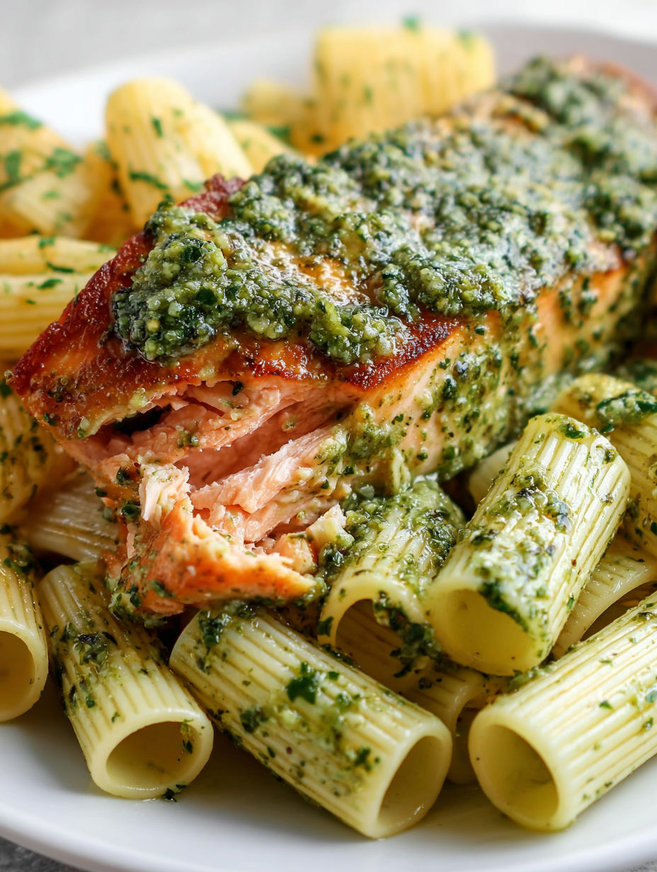 A piece of fish with pesto sauce on it.