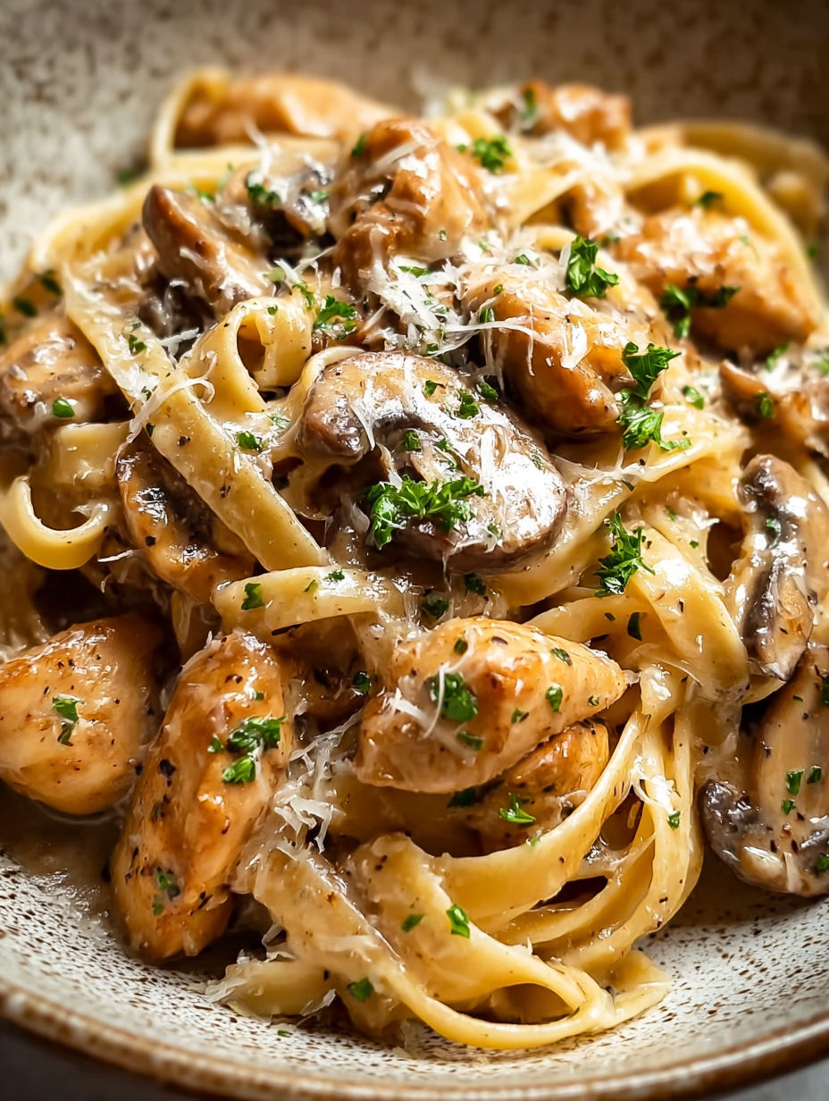A plate of chicken-marsala-pasta.