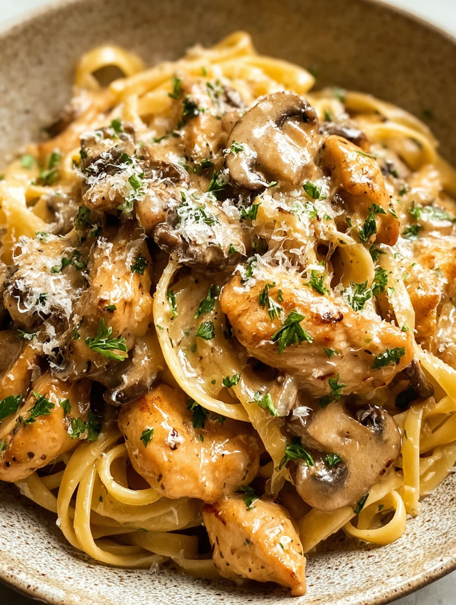 A plate of chicken, mushrooms, and pasta.