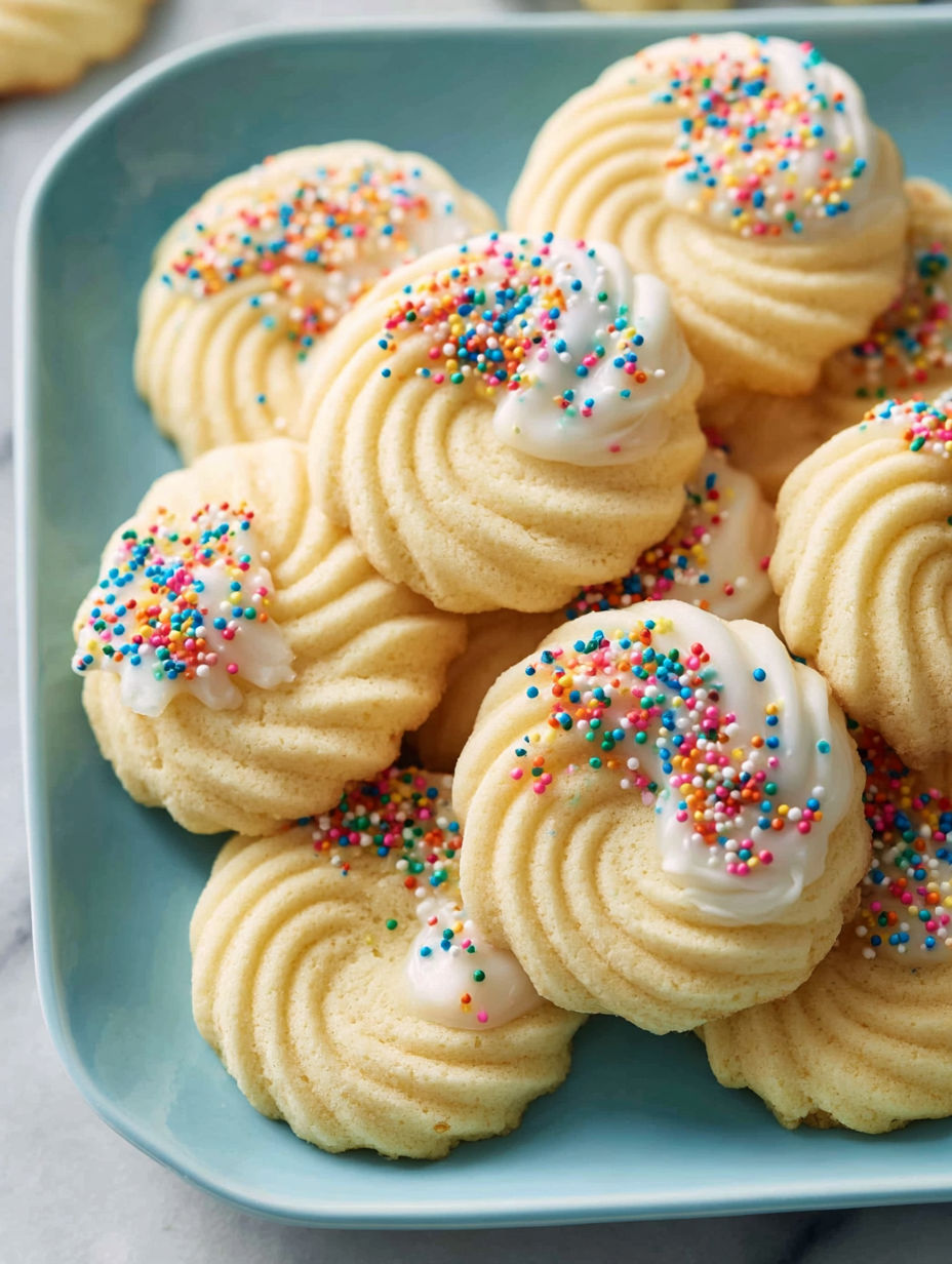A plate of butterplätzchen with sprinkles.