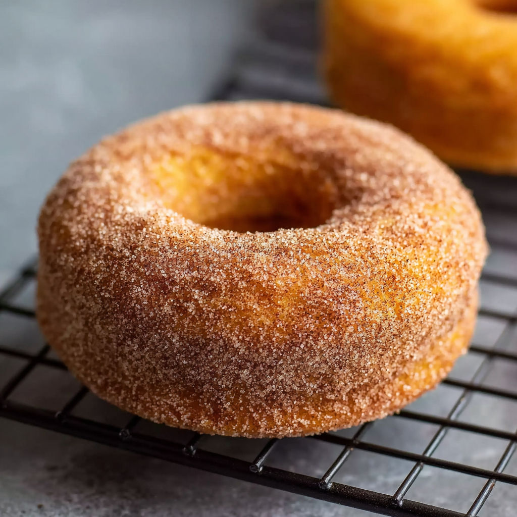 Two pumpkin spice donuts on a cooling rack.