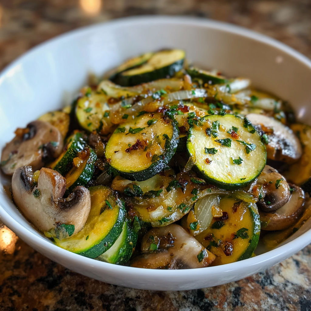 A bowl of sautierte zucchini, mushrooms and onions.