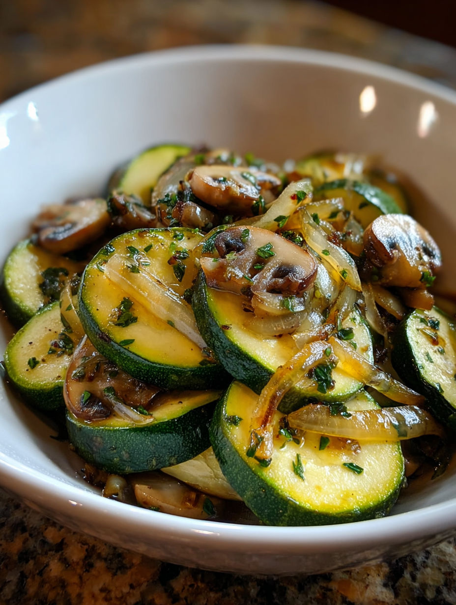 A bowl of sautierte zucchini, mushrooms and onions.