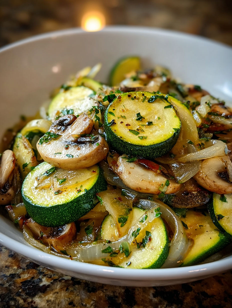 A bowl of sautierte zucchini, mushrooms and onions.