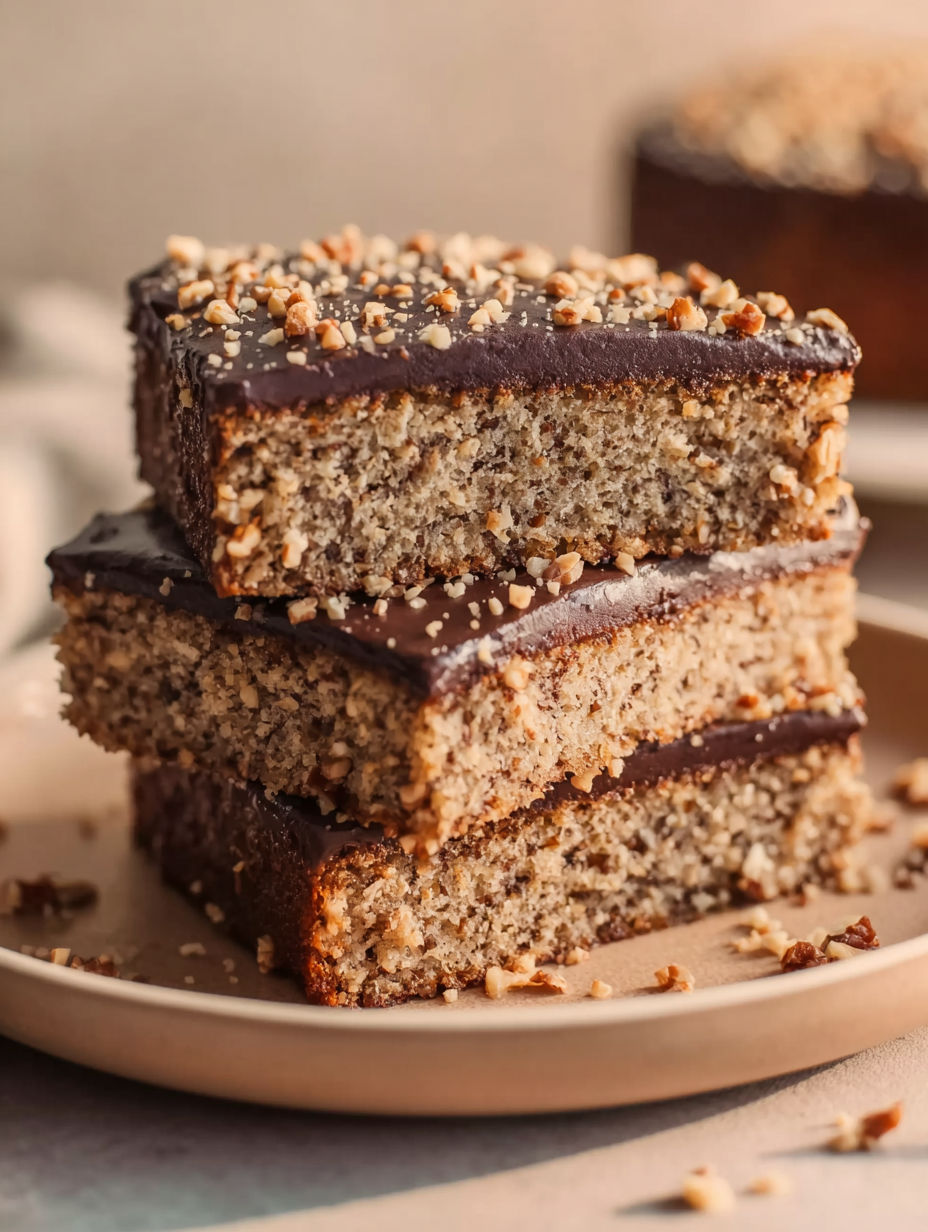 A stack of three cake bars with nuts on top.