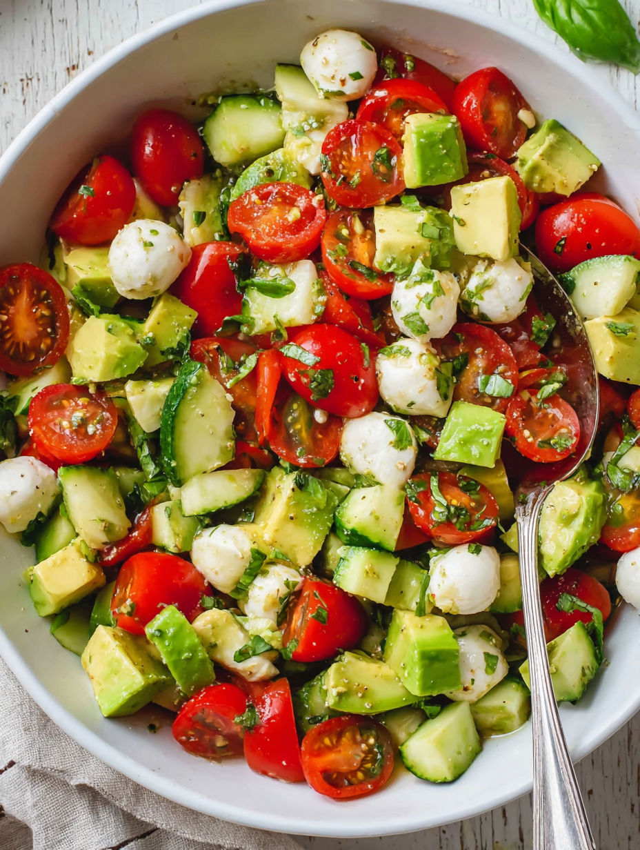 A bowl of salad with tomatoes, cucumbers, and mozzarella cheese.