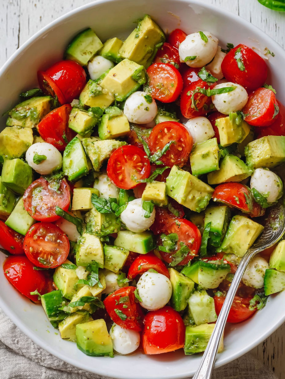 A bowl of salad with tomatoes, cucumbers, and mozzarella cheese.