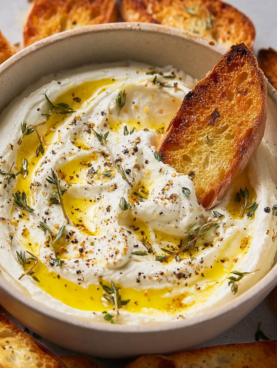A bowl of whipped ricotta with herbs.