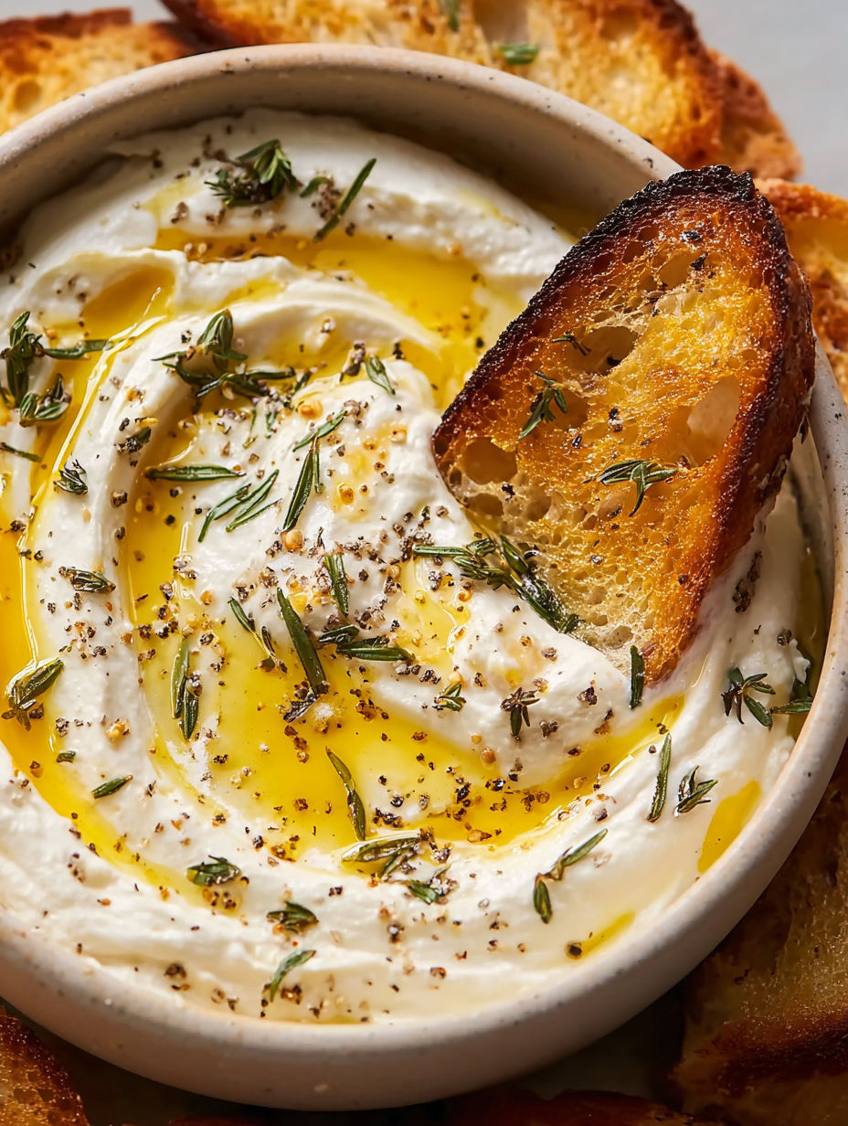 A bowl of whipped ricotta with a piece of toast.