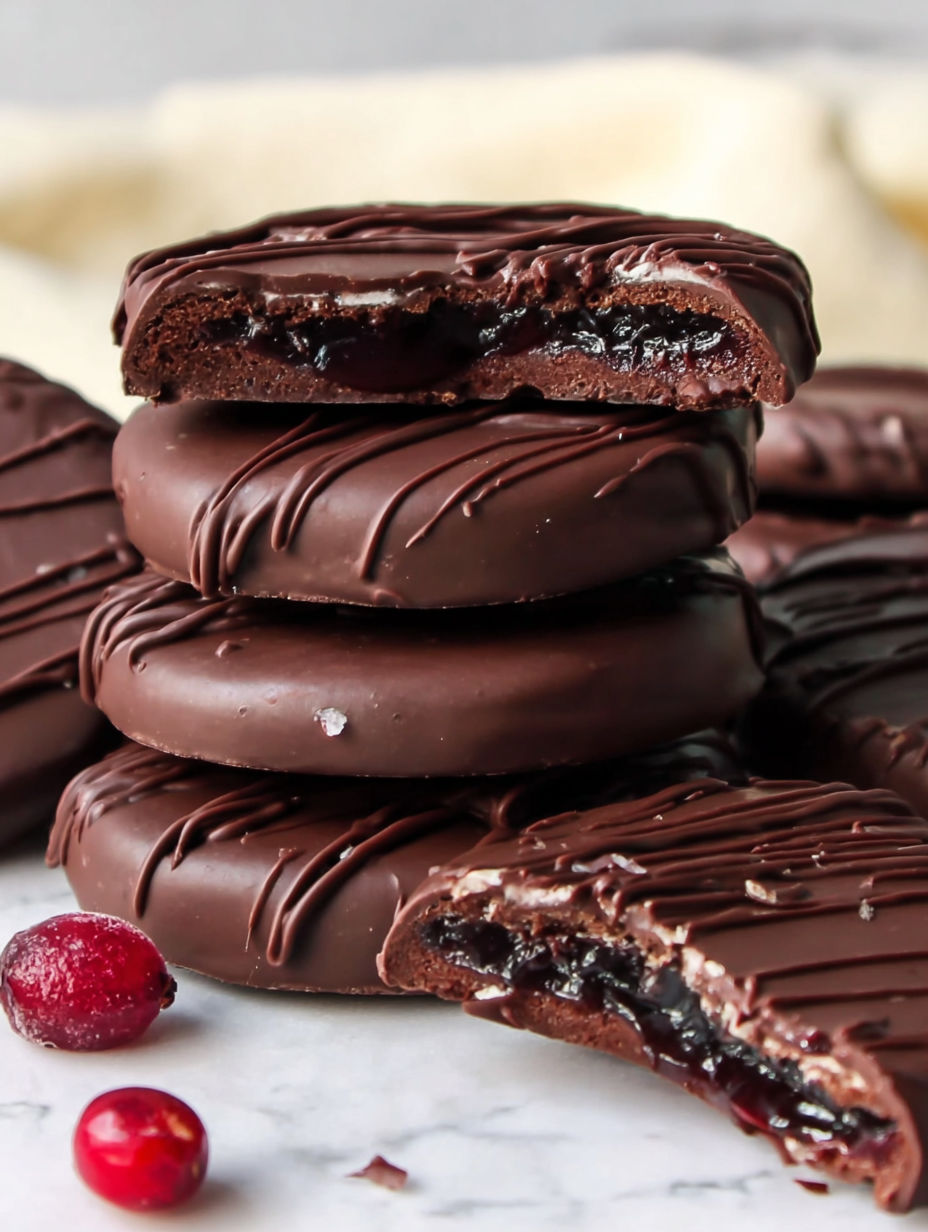 Chocolate cookies with a raspberry sauce on top.