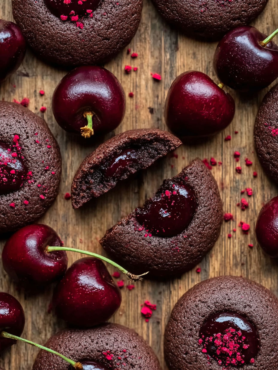 A close up of a chocolate cookie with cherries on top.