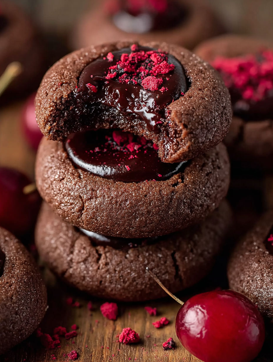 Chocolate cookies with chocolate ganache and cherries.